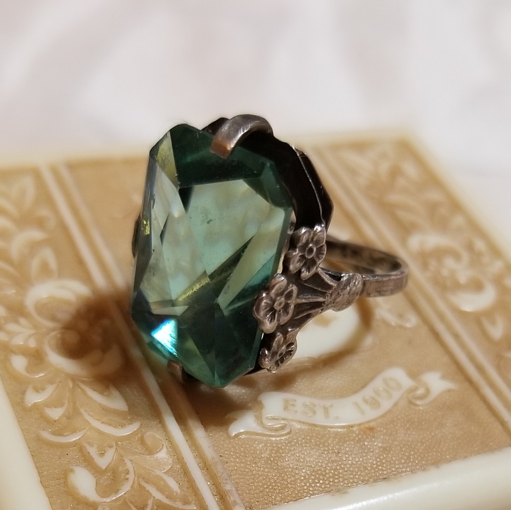 Sterling Silver Aqua Paste Ring Adjustable - image 2